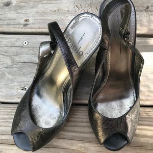 LINEA PAOLO Bennie Wedge | platform peep-toe slingback wedge in Metallic Black